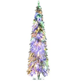 HOMCOM 6ft Tall Prelit Pencil Artificial Christmas Tree Holiday Décor with 407 Snow Flocked Branches, 250 Warm White or Colorful LED Lights