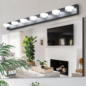 Modern 7-Light LED Vanity Light Fixture - Black Iron Finish with Acrylic Shades - Energy-Efficient Bathroom Wall Sconce - Dimmable, 52.2-Inch Len