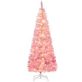 6ft Prelit Snow Flocked Artificial Christmas Tree with Pencil Shape, Pine Realistic Branches, Warm White LED lights, Auto Open, Pink and White