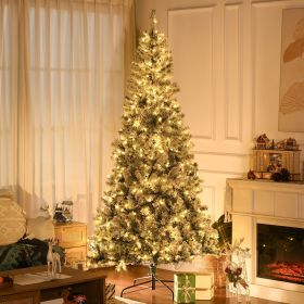 7.5 ft Tall Pre-lit Artificial Christmas Tree Holiday Décor with 1188 Snow Flocked Branches, 500 Warm White LED Lights, Auto Open, Green