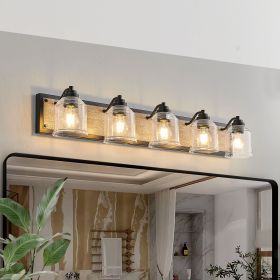 Farmhouse Vanity Light Fixture, 5-Light Bathroom Wall Sconce with Clear Seeded Glass Shades, Rustic Black Finish with Wood Backplate