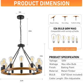 Wood Wagon Wheel Chandelier Farmhouse 12-Light 24'' Brown