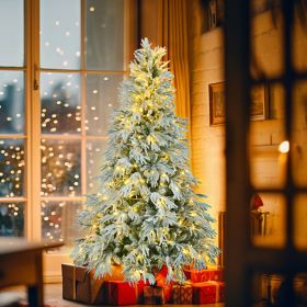 6FT Pre-Lit Spruce Snow Flocked Christmas Tree, Artificial Hinged Xmas Tree with 300 Multi-Color LED Lights, 8 Flashing Modes &790 Snow Branch Tips (Color: as Pic)
