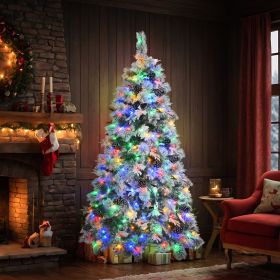 6FT Pre-Lit Spruce Snow Flocked Christmas Tree with Pine Cones, Artificial Xmas Tree with 403 Branch Tips,Mixed PE & PVC Branches (Color: as Pic)
