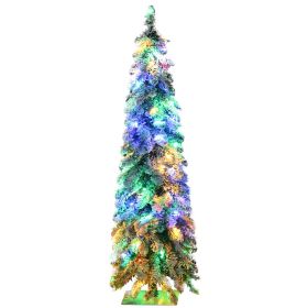 Tall Prelit Pencil Artificial Christmas Tree Holiday Décor with Snow Flocked Branches, Warm White or Colorful LED Lights, Downswept Shape (Color: Green, size: 4ft)